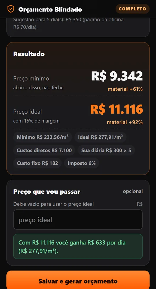 Tela do app com o resultado do cálculo: preço ideal, preço mínimo e diária real