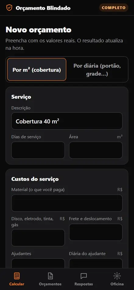 Gravação do app: o serralheiro preenche material, dias e ajudante, vê o preço mínimo de R$ 9.342 e o ideal de R$ 11.116 e gera a imagem do orçamento