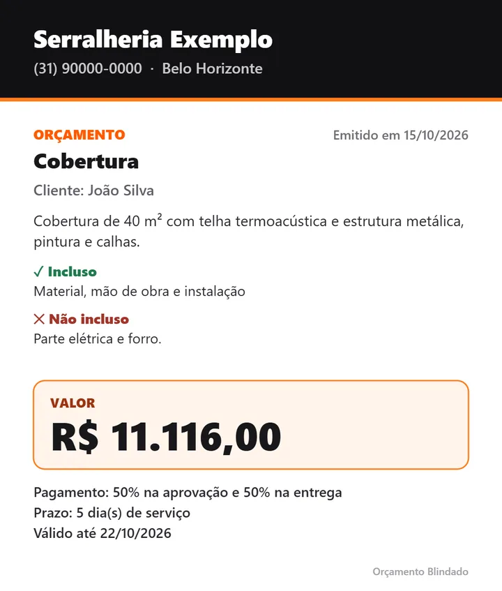 Imagem de orçamento gerada pelo app, com cliente, serviço, o que inclui, preço e validade
