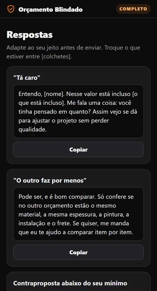 Tela do app com respostas prontas para quando o cliente diz que está caro